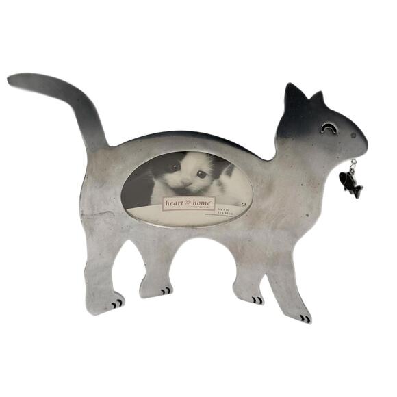 Other - Connoisseur Frames Metal Silver Cat-Shaped Picture Frame Dangling Fish in Mouth